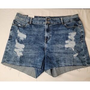 True Craft High-Rise Denim Shorts Womens 22W Blue Distressed Raw Hem
